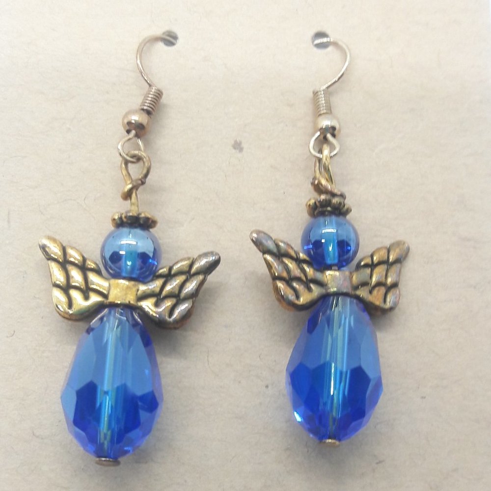 Angel Earrings in Blue & Antiqued Gold